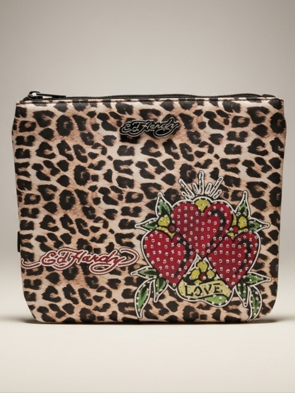 Ed Hardy Leopard‎ Hearts LOVE Wristlet Pouch Clutch Bag NWT